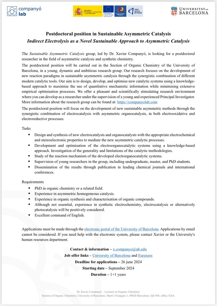 Xavier Companyó (@xaviercompanyo) on Twitter photo 📣Postdoc in Sustainable Asymmetric Catalysis <a href="/Organica_UB/">Secció de Química Orgànica-UB</a> <a href="/UniBarcelona/">Universitat de Barcelona</a> 📣
💡Development of new synthetic methods by combining electrocatalysis with organocatalysis
➡️ Apply by 26 June
🔗 euraxess.ec.europa.eu/jobs/244446
RT appreciated 🙏🏼 #chempostdoc <a href="/postdoc_es/">南宁</a> 📣Postdoc in Sustainable Asymmetric Catalysis <a href="/Organica_UB/">Secció de Química Orgànica-UB</a> <a href="/UniBarcelona/">Universitat de Barcelona</a> 📣
💡Development of new synthetic methods by combining electrocatalysis with organocatalysis
➡️ Apply by 26 June
🔗 euraxess.ec.europa.eu/jobs/244446
RT appreciated 🙏🏼 #chempostdoc <a href="/postdoc_es/">南宁</a>
