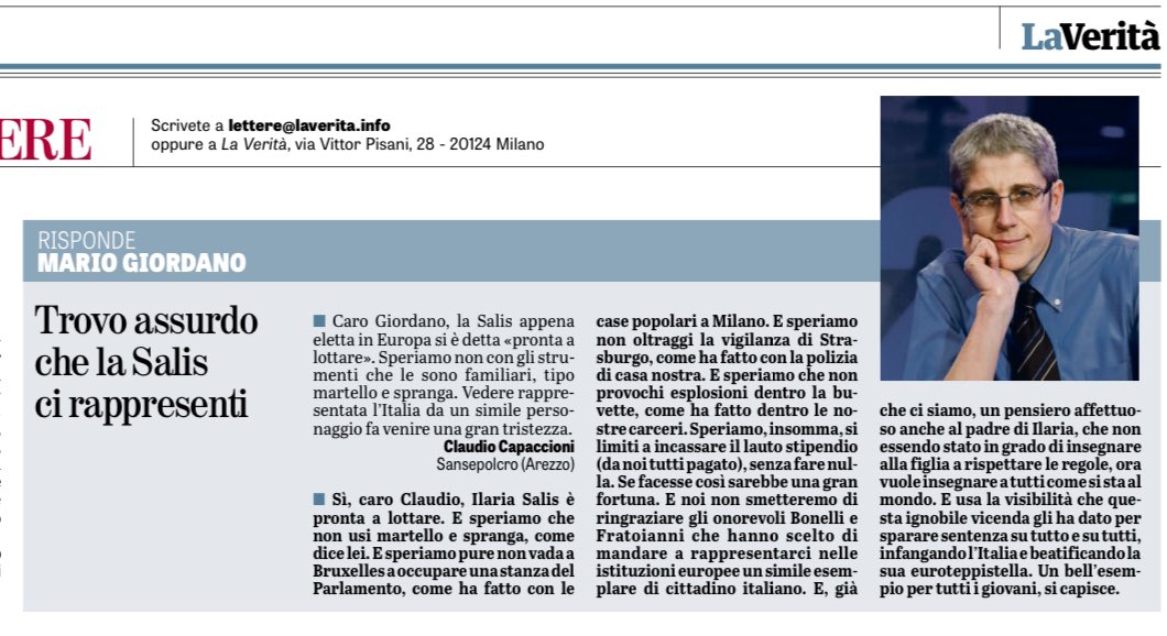 fratotolo2's tweet photo. “Un pensiero affettuoso anche al padre di Ilaria, che non essendo stato in grado di insegnare alla figlia a rispettare le regole, ora vuole insegnare a tutti come si sta al mondo”
Mario Giordano su @LaVeritaWeb 
#IlariaSalis https://t.co/9yRnpjAiXN