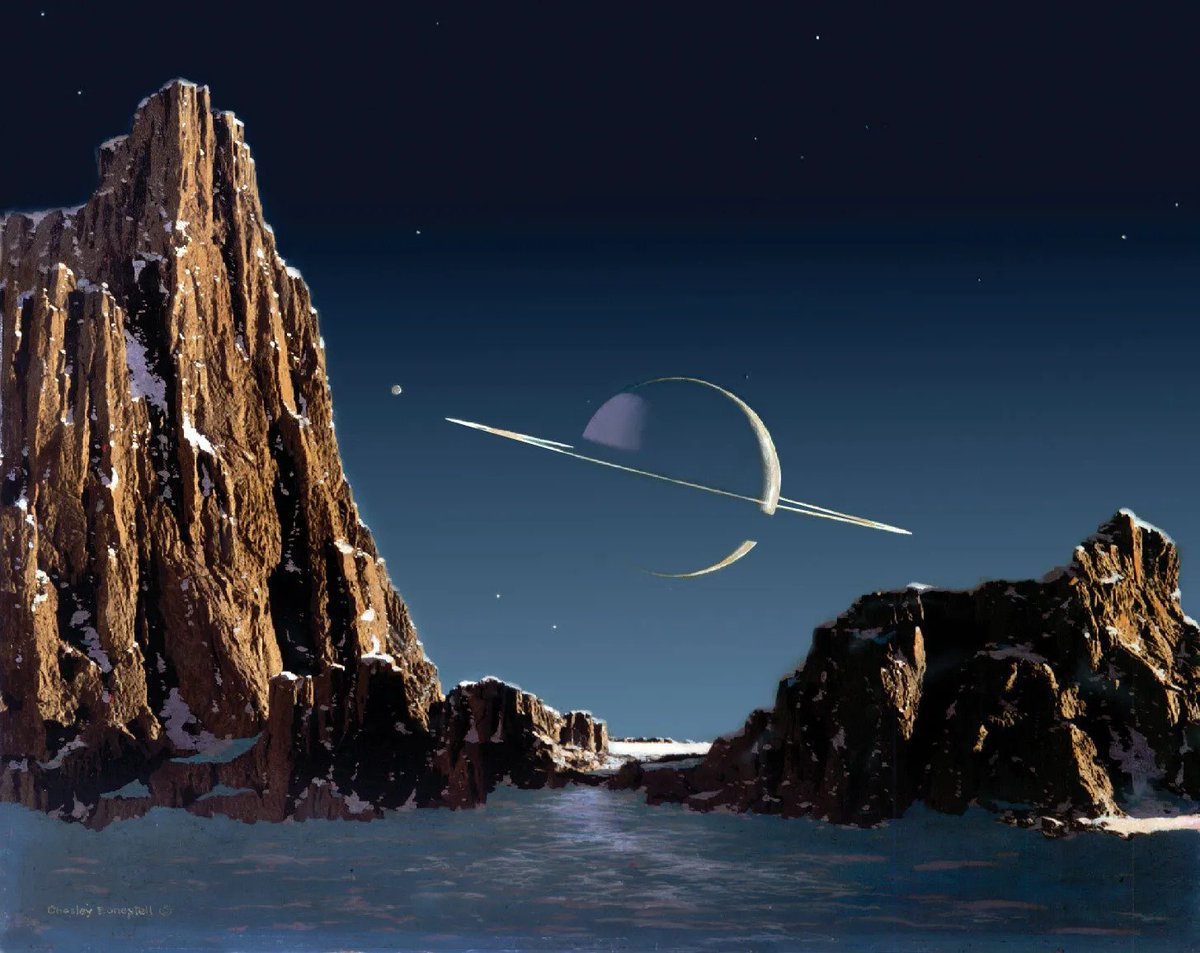 konstructivizm's tweet photo. Saturn as seen from Titan, 1944 painting by Chesley Bonestell https://t.co/JFb99MHuAr