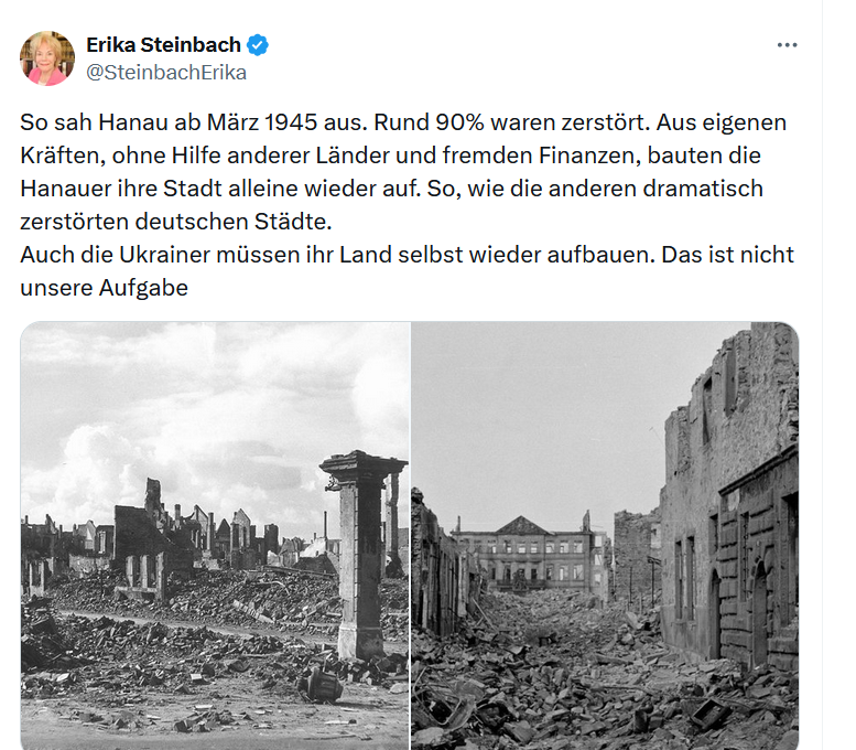 Was für eine Geschichtsvergessenheit, was für eine Täter-Opfer-Umkehr, über die polit. Aussagen zur Ukraine spreche ich gar nicht. Und Marshallplan "vergessen", ebenso wie  "Gastarbeiter". Passt zur Linie: Aufgebaut haben die "Arier" alleine, den Antisemitismus gebracht haben die