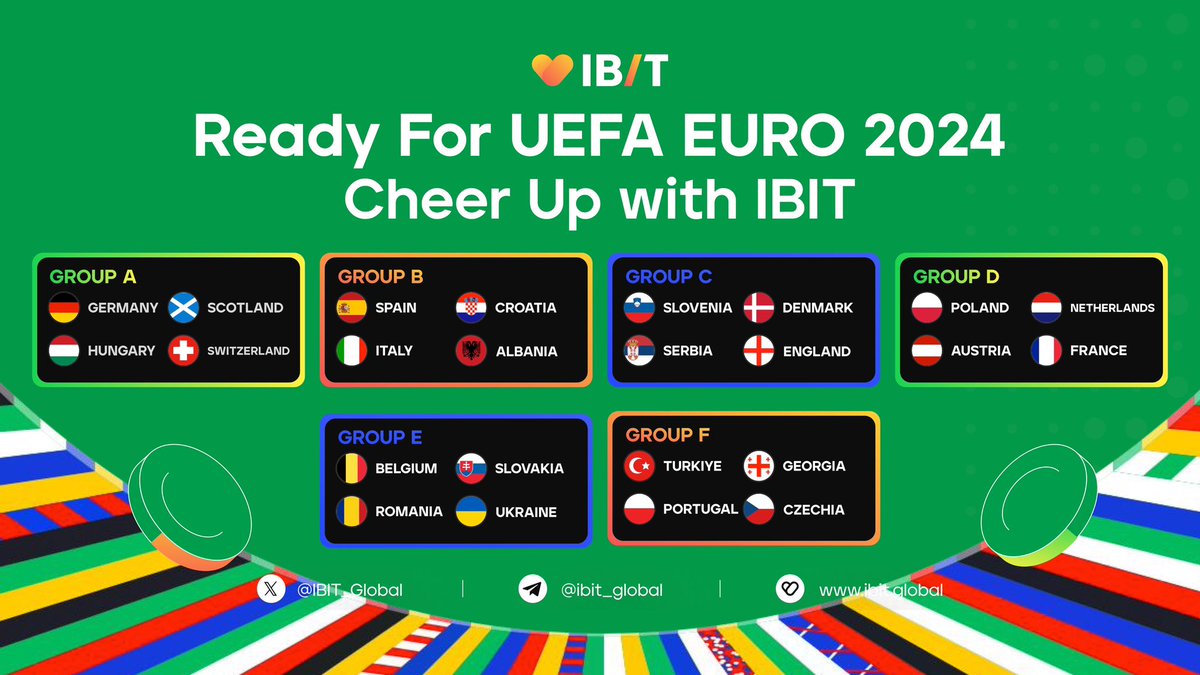 IBIT_Global's tweet photo. Ready for UEFA EURO 2024? ⚽️
Cheer up with IBIT! Check out the group stage matches and get ready to support your favorite teams.
Who are you rooting for? 🫡🫡
#IBITGlobal #UEFAEURO2024 #Football #Crypto
🌐 https://t.co/J5nJvY5Hkm https://t.co/sUyiDxrZ7W
