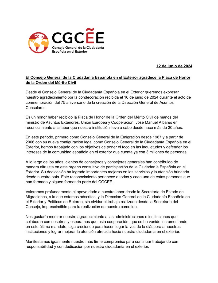 📢COMUNICADO

🤝Desde el CGCEE queremos expresar nuestro agradecimiento a <a href="/MAECgob/">Ministerio de Asuntos Exteriores, UE y Cooperación</a>  por la condecoración recibida durante el acto del 75 aniversario de la creación de la Dirección General de Asuntos Consulares