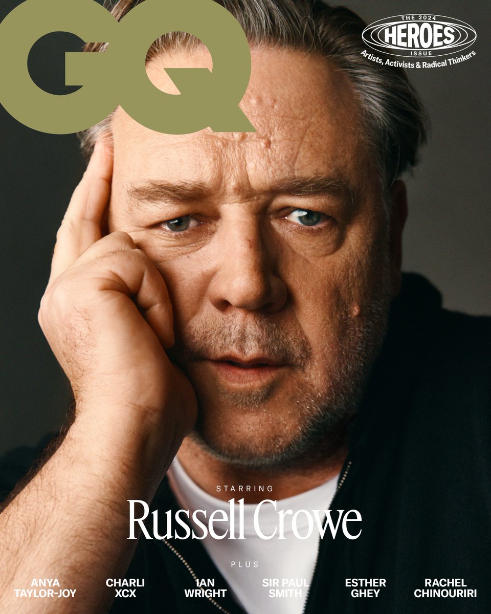 BritishGQ's tweet photo. Presenting the final cover of British GQ’s annual Heroes issue: @RussellCrowe.

Read the cover profile here: https://t.co/FXWsfyGaxu

#GQHeroes #GQHeroesxBMW https://t.co/oBI9AolFSa