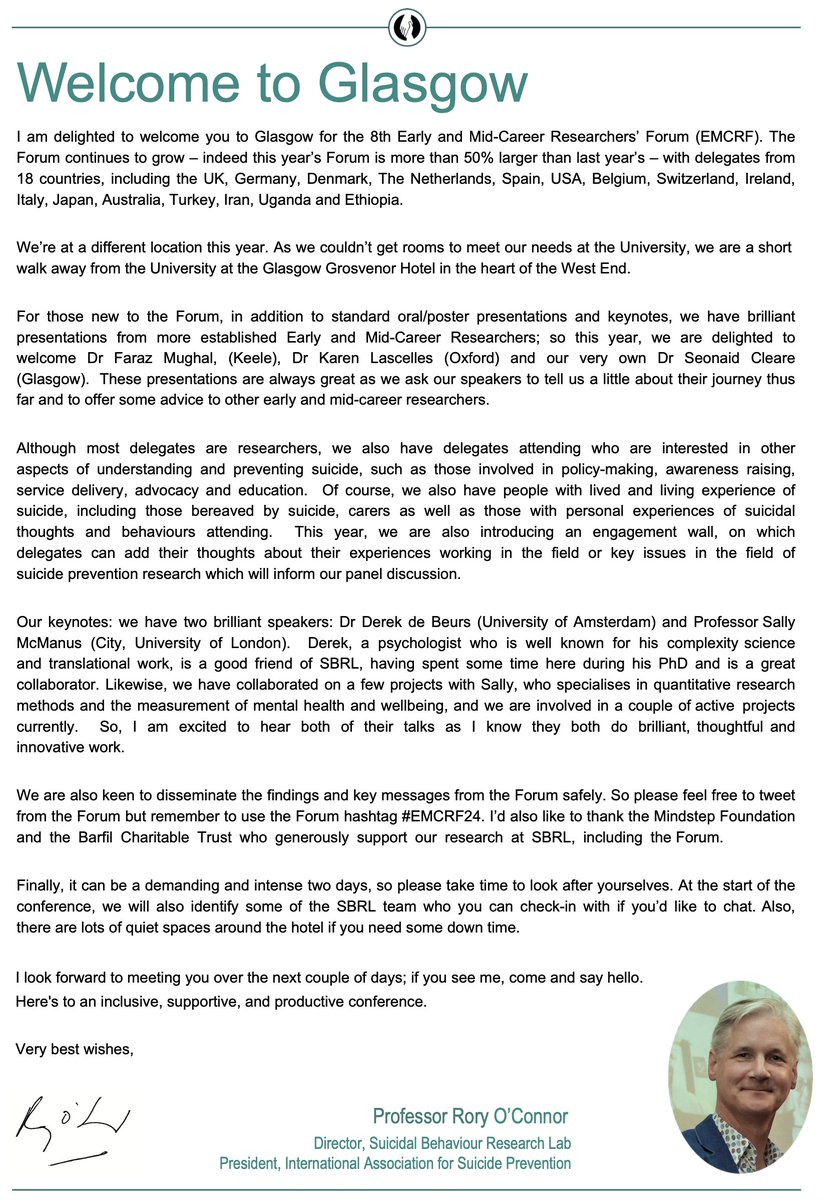 I am really excited to welcome delegates to Glasgow from 18 countries across the globe to our 8th Suicide &amp; Self-harm Early &amp; Mid-Career Researchers' Forum next week.

The Forum continues to go from strength to strength - and it is 50% larger than last year!

Many thanks to the