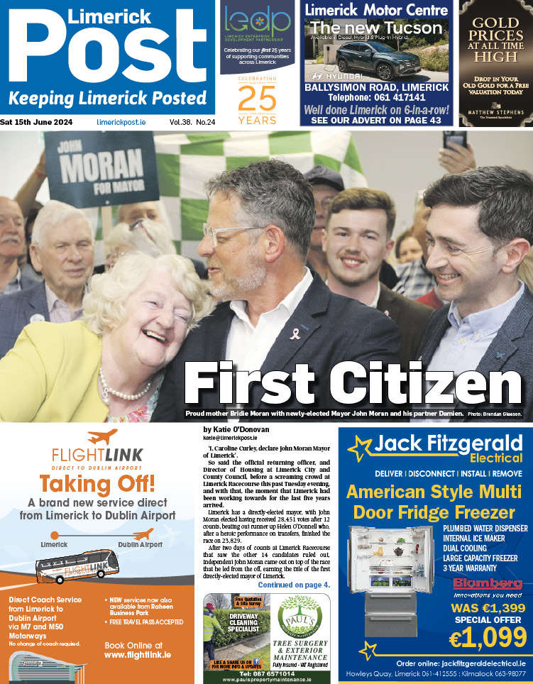 🗞️ 🗞️ This week’s Limerick Post is out countywide now. 

Read inside: 
-John Moran becomes Mayor of Limerick
-Paul Gavan speaks out against far-right wave in Europe
-‘Dangerous sexual predator’ jailed
-Limerick win the six in a row

📷 Brendan Gleeson