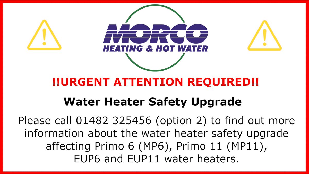 HARPA_UK's tweet photo. Morco announced a critical safety upgrade on some of their open flued gas water heaters in April. Have you taken action on this to ensure appliance safety? Read more about the upgrade on their website at: https://t.co/VHN8AHuLN6
#safety #waterheaters #Morco https://t.co/imYkr07Tky