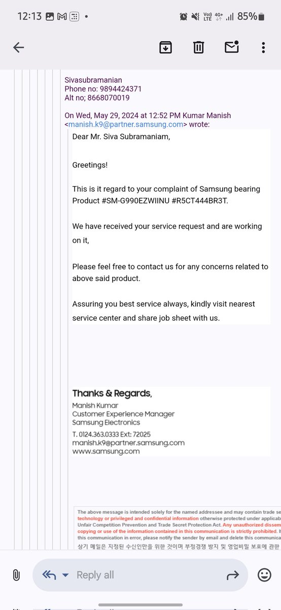 smsmanian93's tweet photo. Dear @SamsungIndia,

With regards to your service, it is clear that it is is completely unprofessional and pathetic. I have been following up with your executive for a solution for my S21 FE display replacement for a week. Attaching mail commn. I have 10 lines on my display. https://t.co/Zm22rbytNa