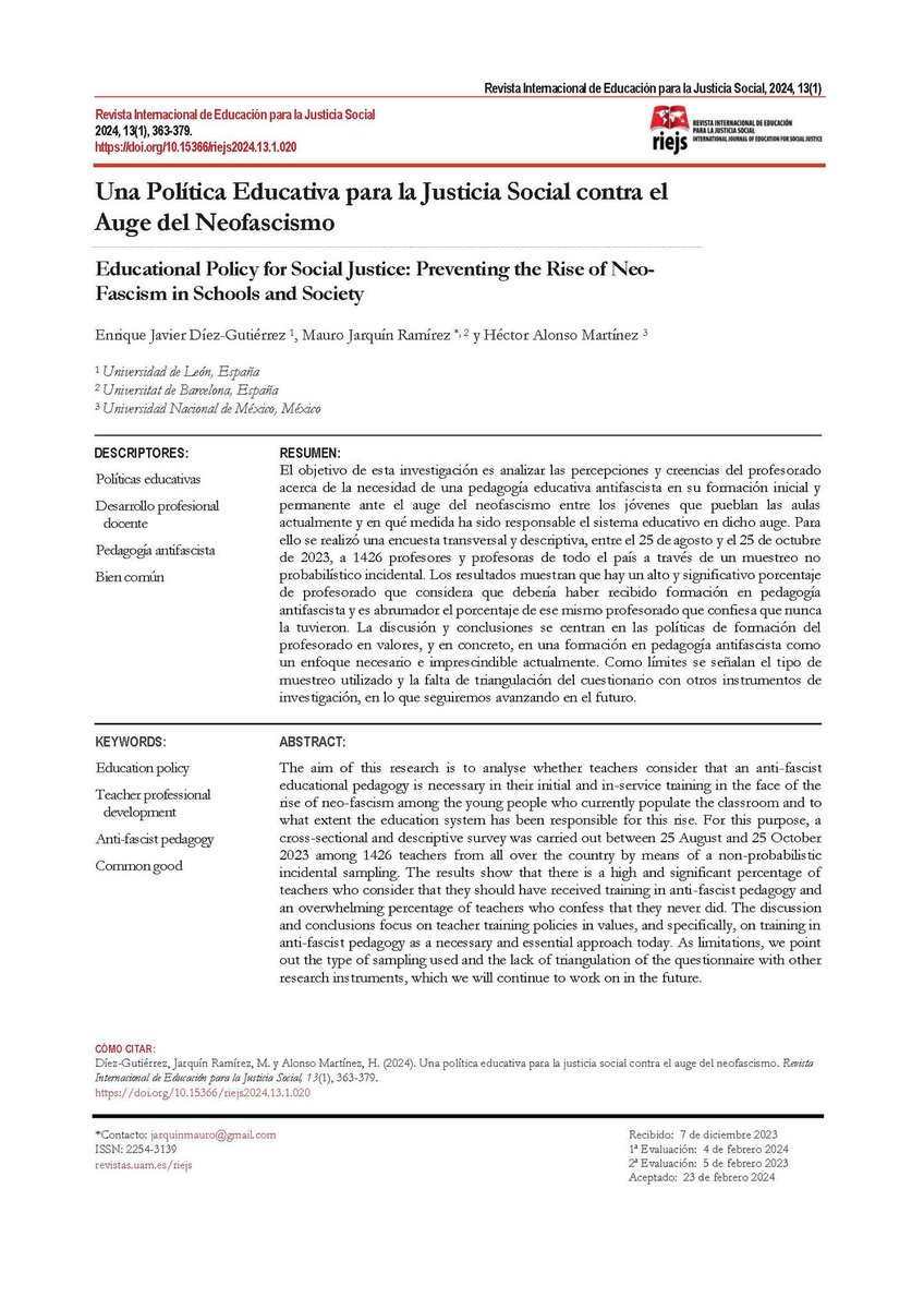 Una Política Educativa para la Justicia Social contra el Auge del Neofascismo

Revista Internacional De Educación Para La Justicia Social, 2024. 13(1), 363–379

Díez-Gutiérrez, E.J., Alonso-Martínez, H. &amp; Jarquín-Ramírez, M doi.org/10.15366/riejs…

<a href="/_HectorAlonso_/">Héctor Alonso</a> <a href="/MaurroJarquin/">Mauro Jarquín</a>