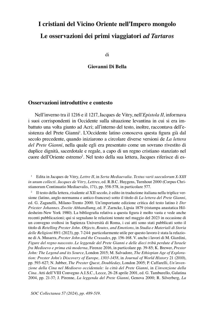GiovanniDiBell9's tweet photo. G. Di Bella, I cristiani del Vicino Oriente nell'Impero mongolo. Le osservazioni dei primi viaggiatori "ad Tartaros", in «Studia Orientalia Christiana-Collectanea (ed. The Franciscan Centre of Christian Oriental Studies, Musky-Cairo)», 57 (2024), pp. 489-519 https://t.co/Lohjc4Q94l