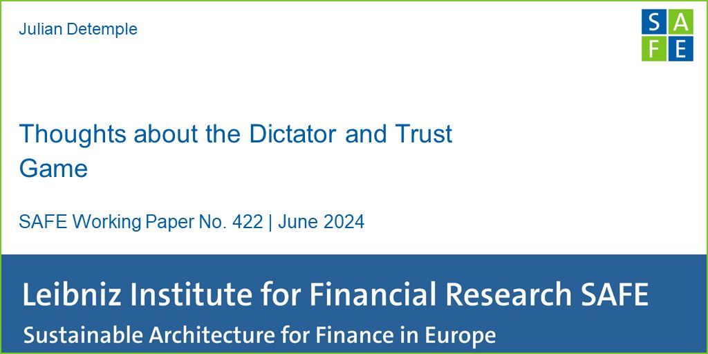 SAFE_Frankfurt's tweet photo. 📝New SAFE Working Paper No. 422 "Thoughts about the Dictator and Trust Game" by Julian Detemple.
Explore how game perceptions influence economic behavior and experimental outcomes.
👉Read more: https://t.co/9ROm6f1OtN #EconTwitter #trustgame https://t.co/nADjotUKbt