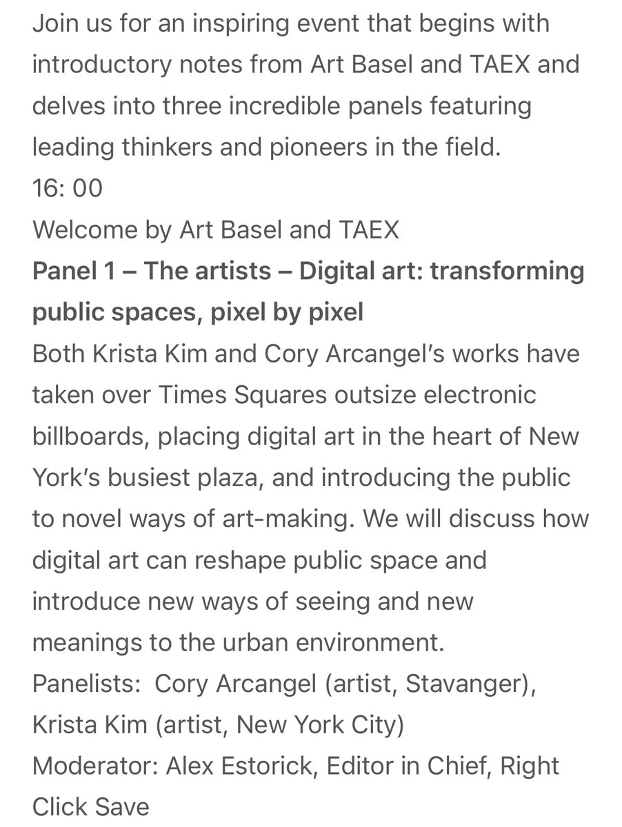 AXEL (@alexestorick) on Twitter photo As the editor of a magazine @rtclick_save that celebrates digital artists who have often been overlooked, this panel feels different 🌱
Grateful to <a href="/jenifulton/">Jeni Fulton</a> at <a href="/ArtBasel/">Art Basel</a> for inviting me to host a Digital Dialogue today with <a href="/cory_arcangel/">Cory Arcangel</a> and <a href="/Krista_Kim/">Krista Kim</a> As the editor of a magazine @rtclick_save that celebrates digital artists who have often been overlooked, this panel feels different 🌱
Grateful to <a href="/jenifulton/">Jeni Fulton</a> at <a href="/ArtBasel/">Art Basel</a> for inviting me to host a Digital Dialogue today with <a href="/cory_arcangel/">Cory Arcangel</a> and <a href="/Krista_Kim/">Krista Kim</a>