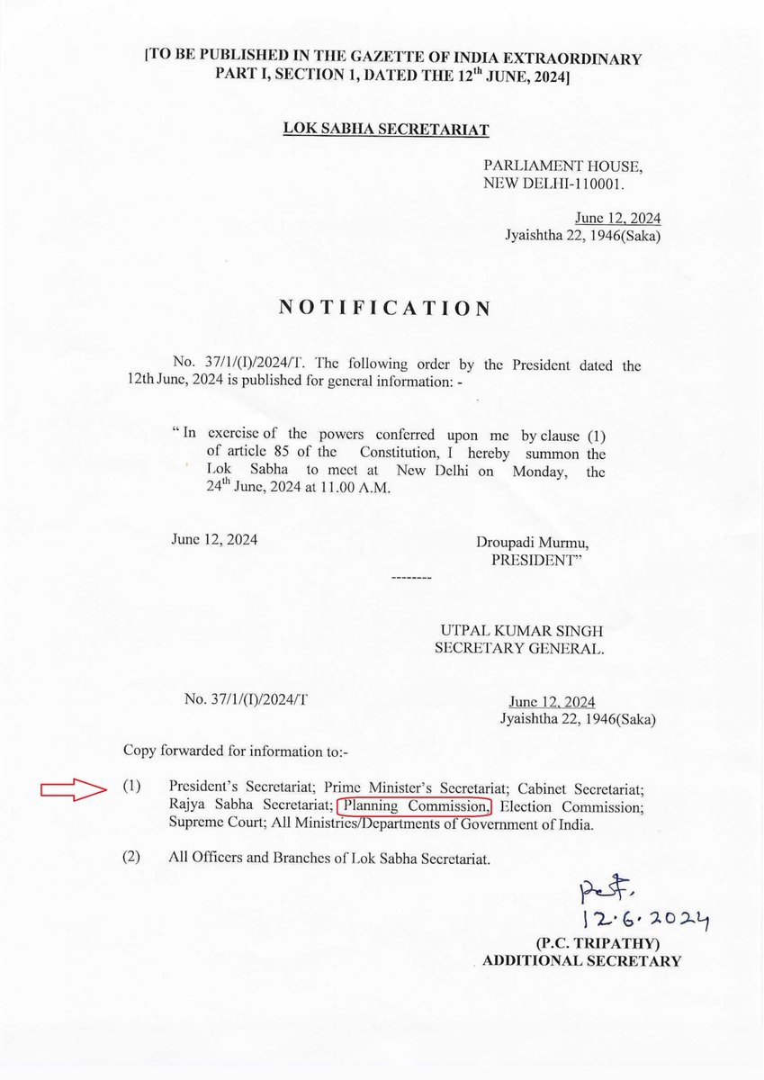 Jairam_Ramesh's tweet photo. The Lok Sabha Secretariat has just issued a Notification in the name of the President of India, summoning the Lok Sabha on June 24th.

A copy of the Notification has been forwarded to the Planning Commission. Finally the एक तिहाई Pradhan Mantri seems to have realised his folly in abolishing it ten years back and replacing it with a drumbeating NITI Aayog.