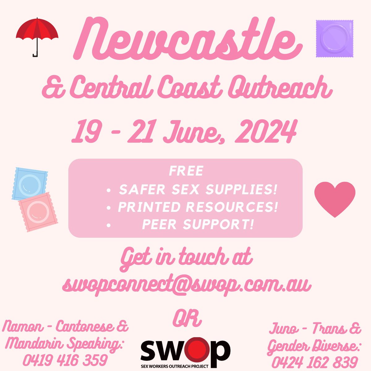 This 19 - 21st of June, our outreach team will be visiting Newcastle and the Central Coast 

We have our Cantonese/Mandarin Speaking and Trans &amp; GD outreach workers coming - please get in touch if you’d like a visit for some supplies, resources, or just a chat!