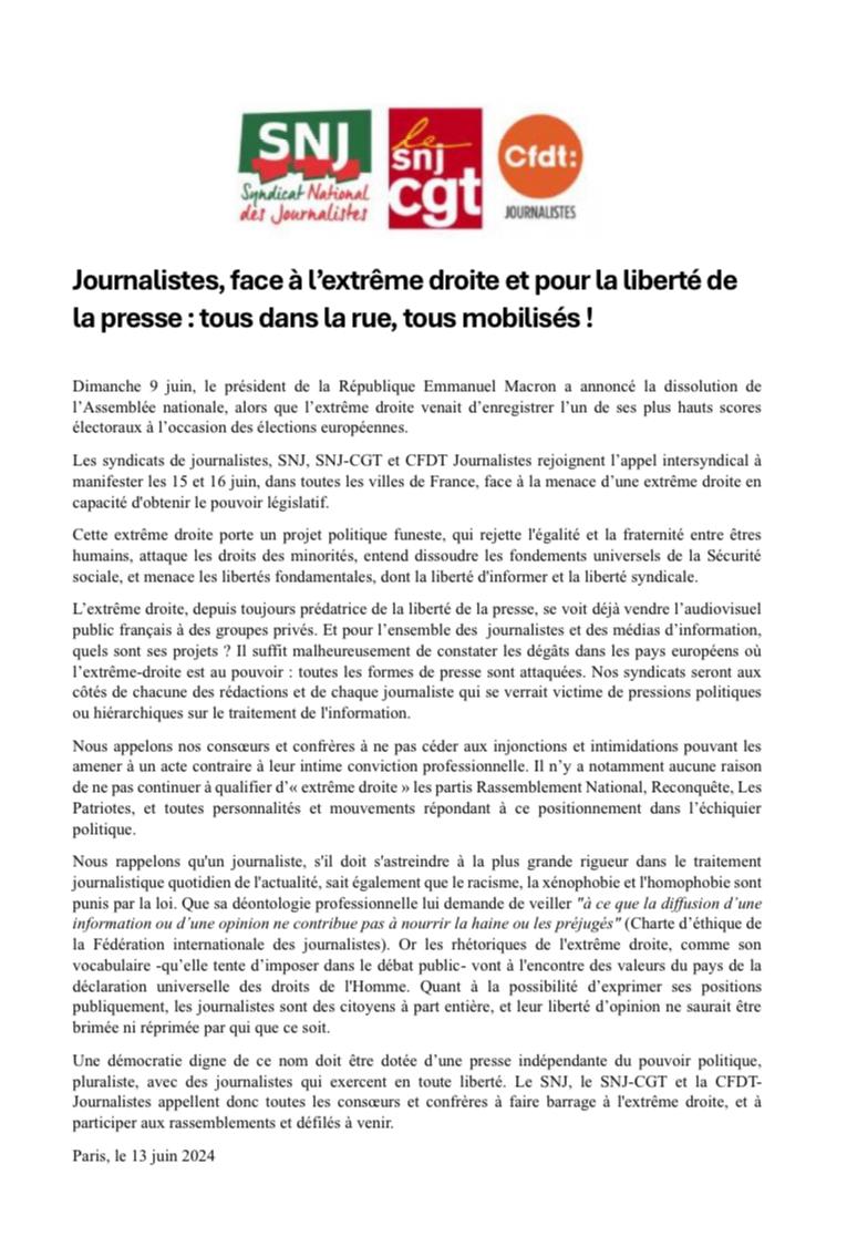 CFDT Journalistes (@usjcfdt) on Twitter photo Journalistes, face à l’extrême droite et pour la liberté de la presse : tous dans la rue, tous mobilisés ! Les 3 principaux syndicats de journalistes rejoignent l'appel intersyndical à manifester les 15 et 16 juin 📢 <a href="/SNJ_national/">SNJ - premier syndicat de journalistes</a> <a href="/SnjCgt/">SNJ-CGT (rejoignez-nous !)</a> Journalistes, face à l’extrême droite et pour la liberté de la presse : tous dans la rue, tous mobilisés ! Les 3 principaux syndicats de journalistes rejoignent l'appel intersyndical à manifester les 15 et 16 juin 📢 <a href="/SNJ_national/">SNJ - premier syndicat de journalistes</a> <a href="/SnjCgt/">SNJ-CGT (rejoignez-nous !)</a>
