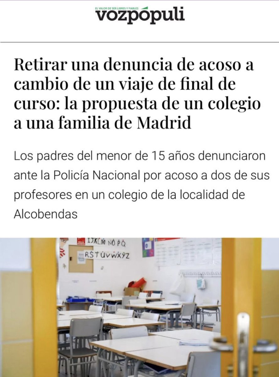 👉vozpopuli.com/espana/madrid/…
⚠️ El Manyanet Alcobendas (Madrid), de la misma Congregación (Hijos de la Sagrada Familia) que el colegio de Kira en Barcelona , ha castigado a un alumno de 15 años sin viaje de fin de curso por haber denunciado en la Policía el acoso que dice sufrir por