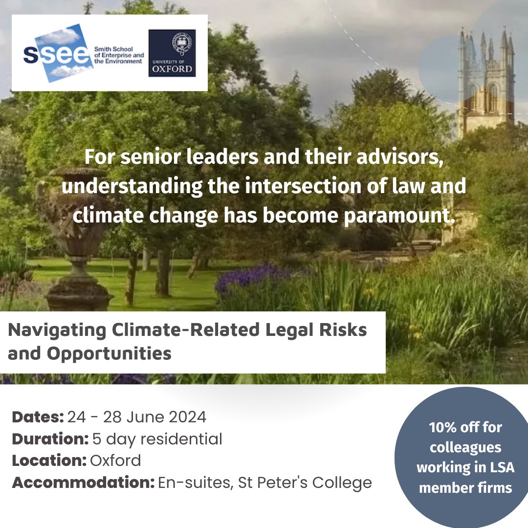 LSA (@legalsustain) on Twitter photo Have you signed up yet? A new residential course from the team at <a href="/TheSmithSchool/">Oxford Smith School</a>
📅 24 - 28 June
Registrations close tomorrow, LSA members get 10% discount if they sign up with this link:
forms.office.com/pages/response…
👉Find out more
smithschool.ox.ac.uk/course/navigat…
<a href="/ThomWetzer/">Thom Wetzer</a> Have you signed up yet? A new residential course from the team at <a href="/TheSmithSchool/">Oxford Smith School</a>
📅 24 - 28 June
Registrations close tomorrow, LSA members get 10% discount if they sign up with this link:
forms.office.com/pages/response…
👉Find out more
smithschool.ox.ac.uk/course/navigat…
<a href="/ThomWetzer/">Thom Wetzer</a>