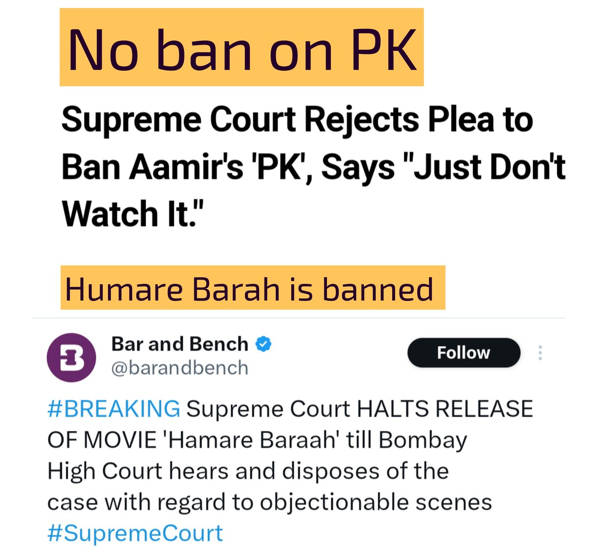 Mrsinha's tweet photo. *In PK movie, there were some scenes in which Hindu gods were mocked*
-SC : If you don't like it, don't watch it

*In #HamareBarah movie population growth among Muslims is shown*
-SC : Muslims don't like it, so let's ban it

Our judiciary doesn't even pretend to look neutral. https://t.co/LvNsig448i