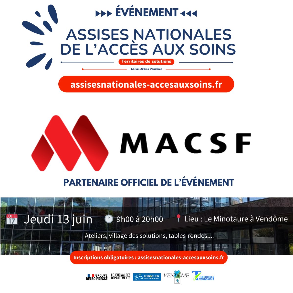 groupe_MACSF's tweet image. [EVENEMENT] 🟢Suivez aujourd’hui en LT les Assises nationales de l’accès aux soins qui se déroulent à Vendôme dont la #MACSF est partenaire. La journée commence avec un mot d’accueil de l’organisateur Jean-Philippe Delbonnel de @DelboPresse et @departementsfr 

#santé
