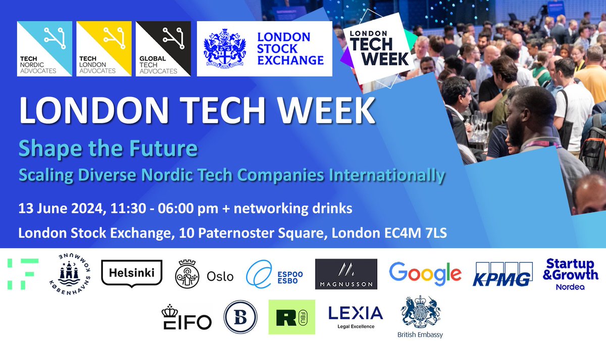 TechNordicAdv's tweet photo. Day 4 of @LDNTechWeek and our big day spotlighting #nordicmade startups - 16 will pitch and meet investors at @LSEplc today. We welcome @RussShaw1 later, with a keynote on UK/Nordic Tech collaboration #WheresRuss #UKtech #sthlmtech #helyes #oslotech #danishtech https://t.co/BLTyeGoNKj