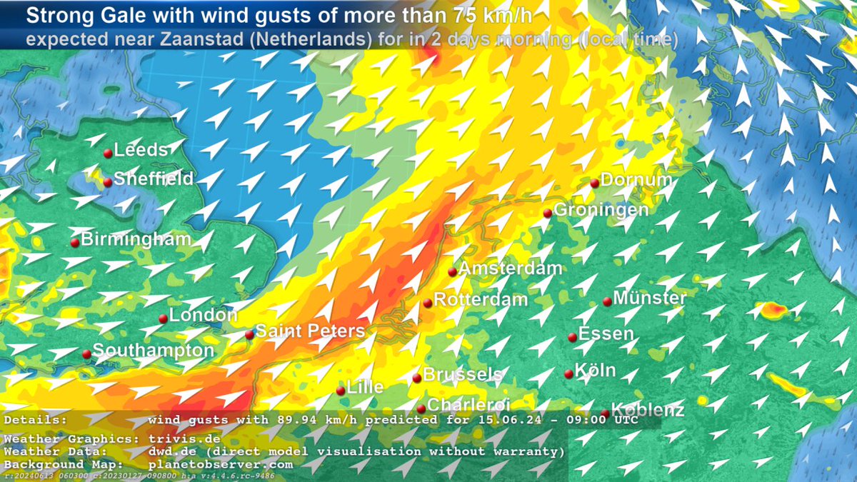 ASKMeteo's tweet photo. ICON model contains significant #weather #wetter of type "#StrongGale" with wind gusts of more than 75 km/h near #Zaanstad (#Netherlands) for in 2 days morning given in local time. The ICON forecast data predicts wind gusts with 89.94 km/h for 15.06.24 - 09:00 UTC. https://t.co/HgCcttmrNZ