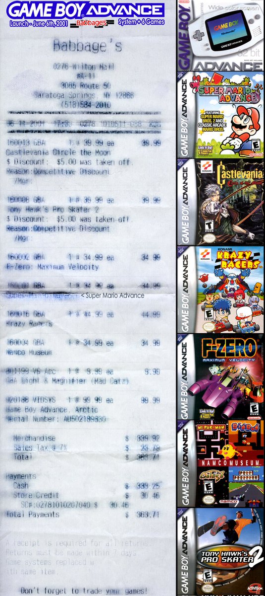 matthewhenzel's tweet image. Video Game Receipts.. The #Nintendo #GBA was released 23 years ago (06/11/2001). Here is the Babbage&apos;s launch receipt from that day. It had some great launch titles too. #FZeroMaximumVelocity #SuperMarioAdvance #CastlevaniaCircleOfTheMoon  #KonamiKrazyRacer #TonyHawkProSkater2