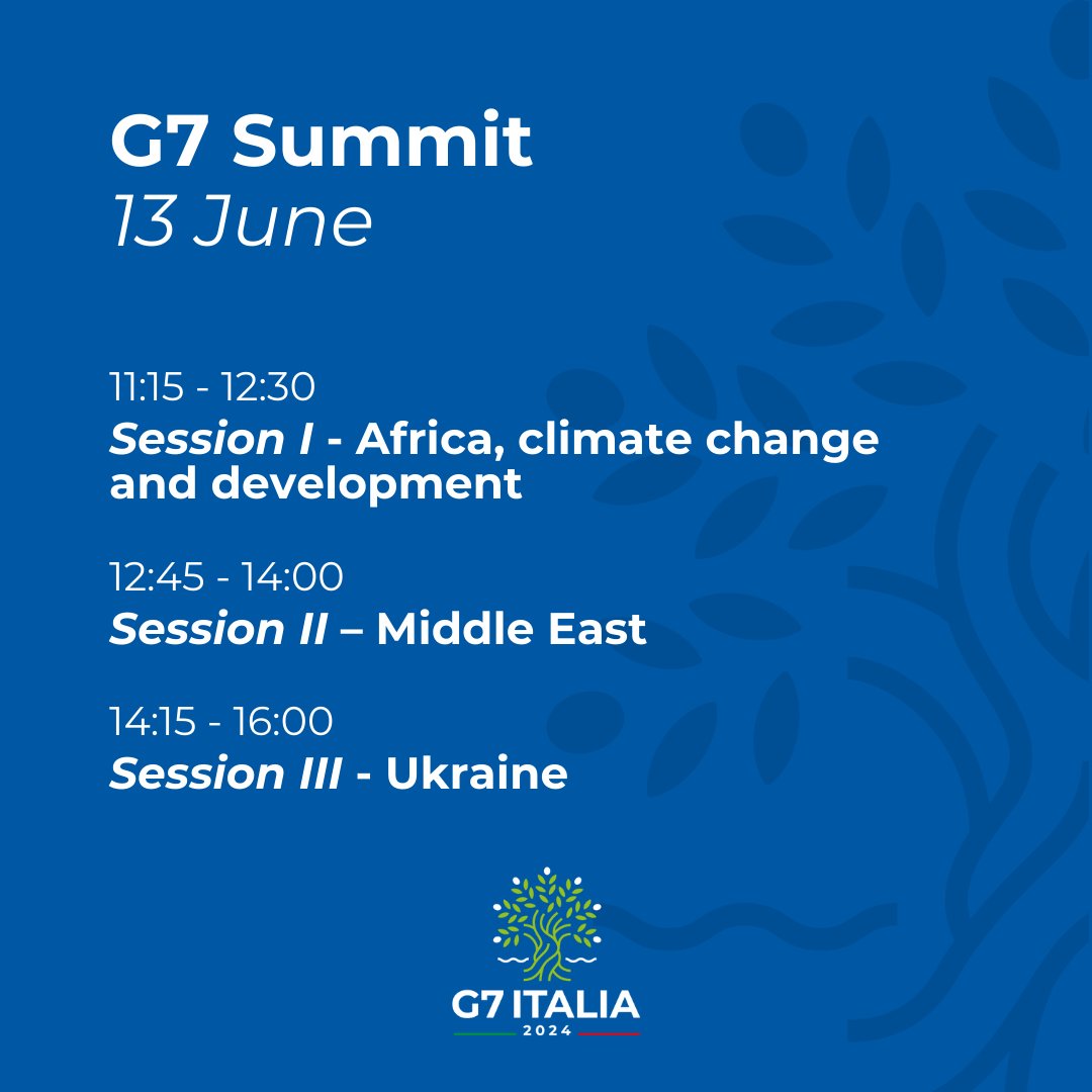 First day of the #G7 Summit in Borgo Egnazia, in Puglia. Programme of the working sessions. #G7Italy