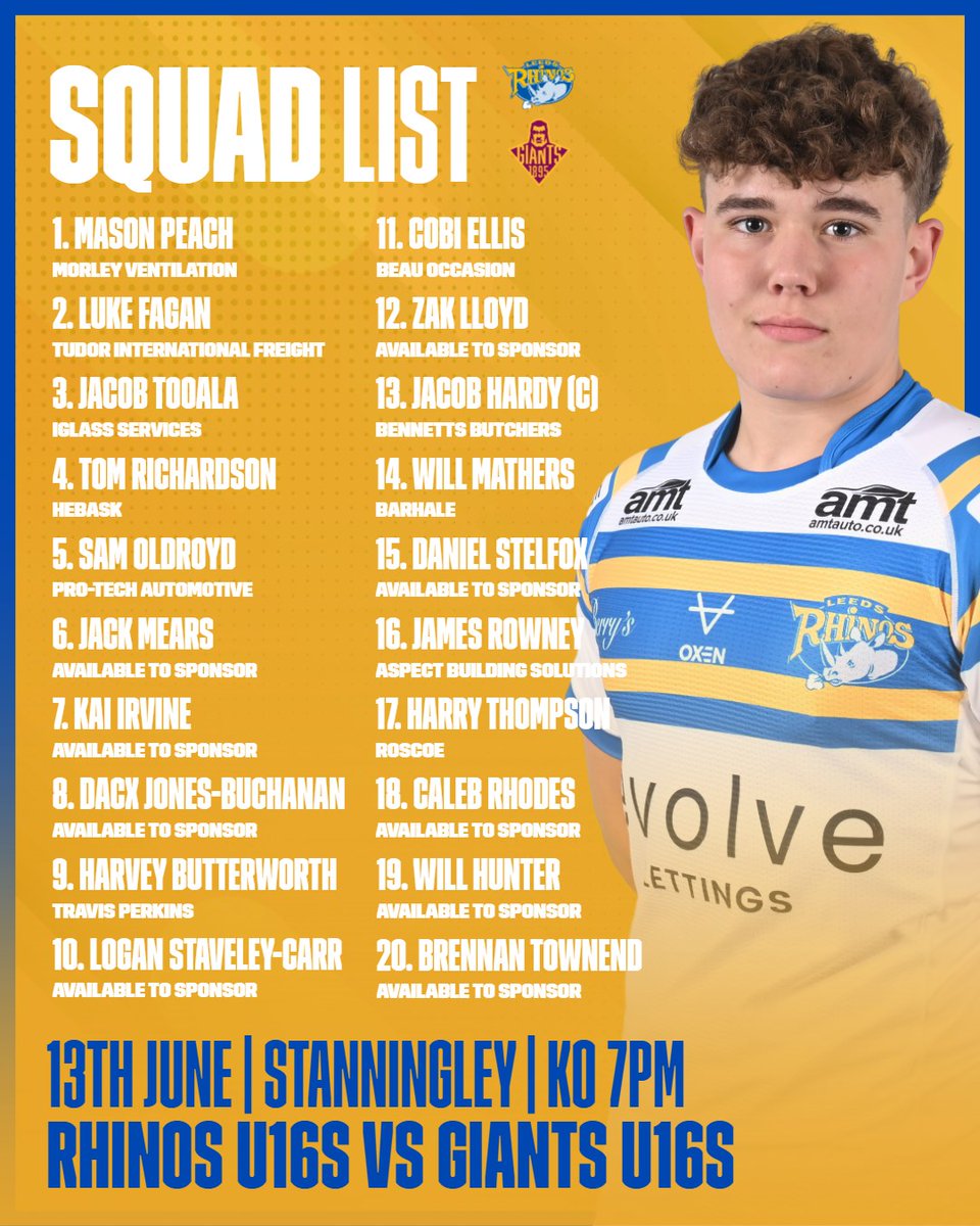 TEAM NEWS | Our Rhinos Scholarship side to take on <a href="/Giantsrl/">Huddersfield Giants 🐮🔔</a> tonight is confirmed!  
If you can't make it to Stanningley, keep up to date with the latest score on our socials📳