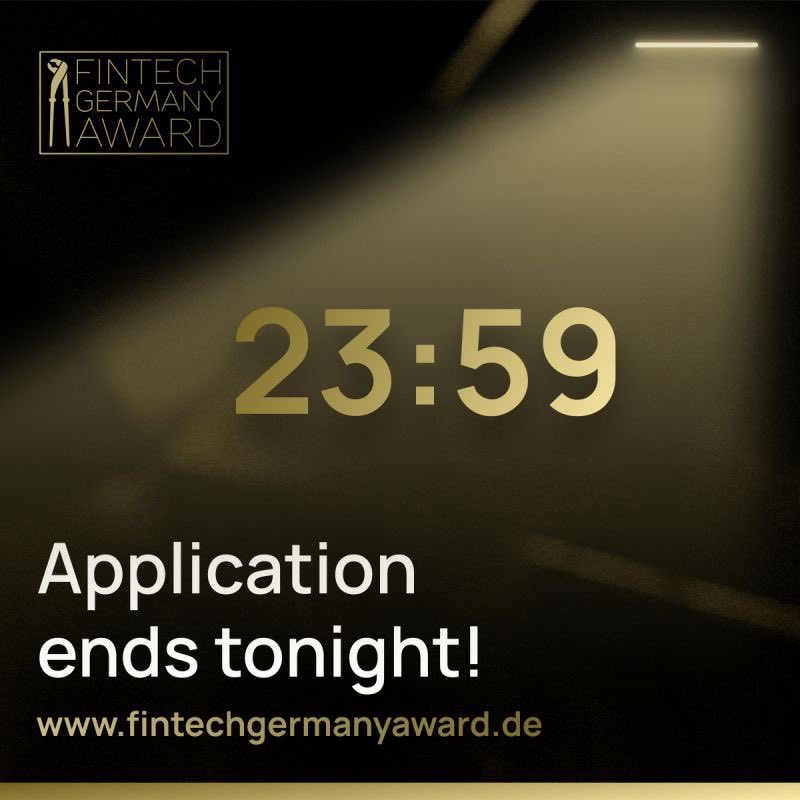 Hurry Up!

The application phase for the distinguished Fintech Germany Award 2024 will be closing today at midnight.

Submit your application here: lnkd.in/dsNp3dVa

#FTGA #FTGA2024 #Scaleups #Fintech #Awards #AI #KI #Startups