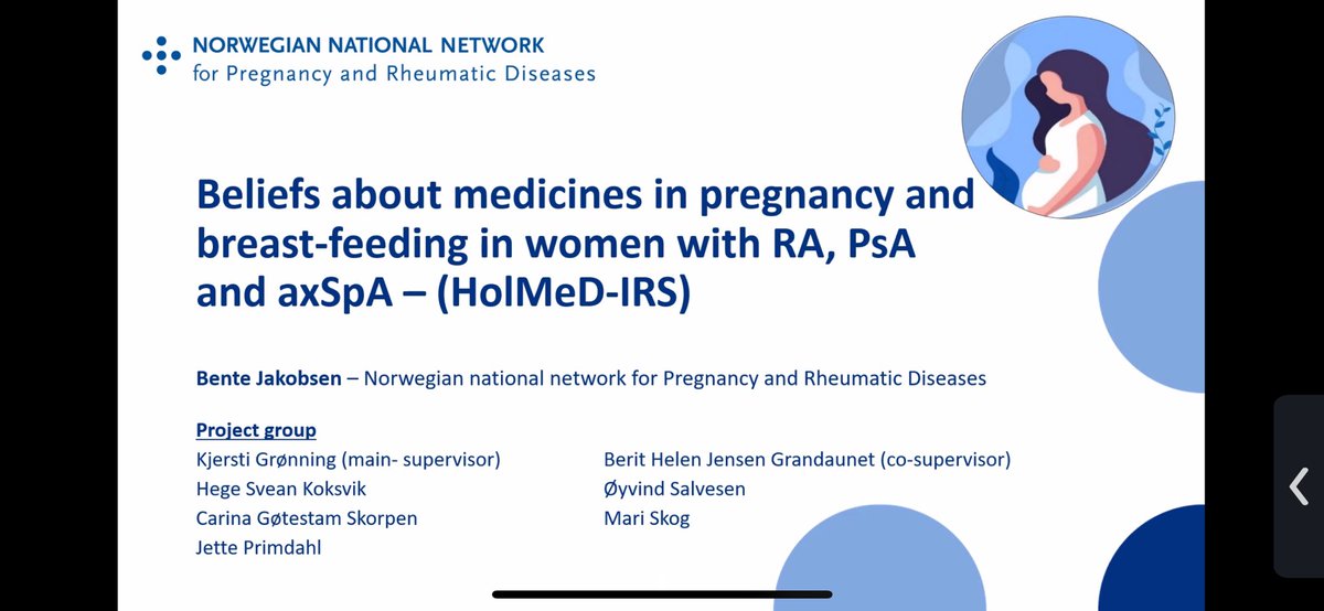 sil_aps's tweet photo. Bente Jakobsen presents “Beliefs about medicines in pregnancy and breast-feeding in women with RA, PsA and axSpA - (HolMeD-IRS)” at the #ReHFaP #EULAR2024 meeting https://t.co/VpWPRxbivs
