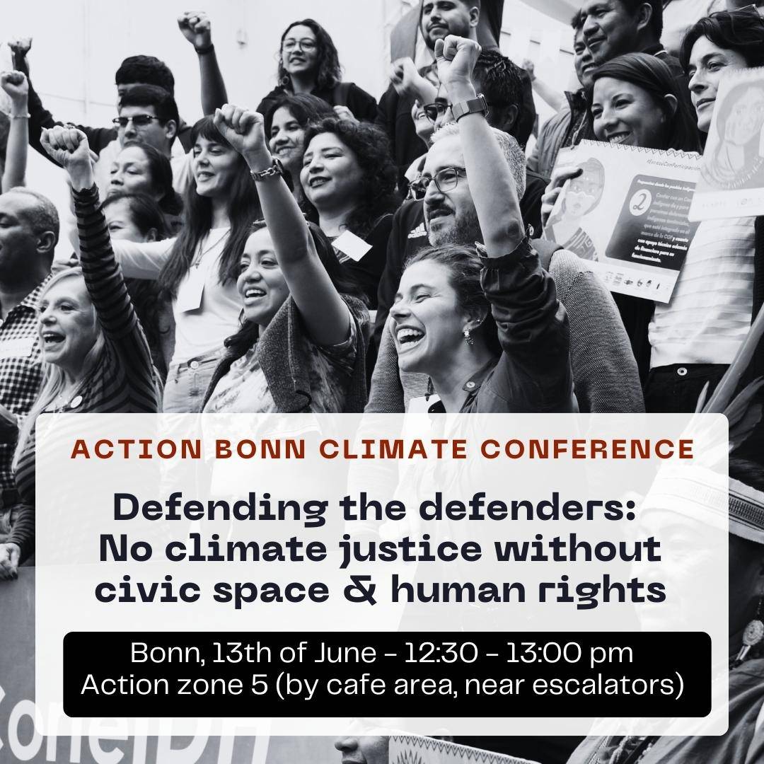 ⚡️ ACTION ⚡️

Safe civic space is imperative to deliver ambitious &amp; just #ClimateAction &amp; to mobilize broad public support to meet climate goals.

Join us to demand:
👉 #DefendTheDefenders
👉 NO #ClimateJustice without #HumanRights

🗓️  June 13 | 12.30 pm CEST
📍 #SB60, area 5