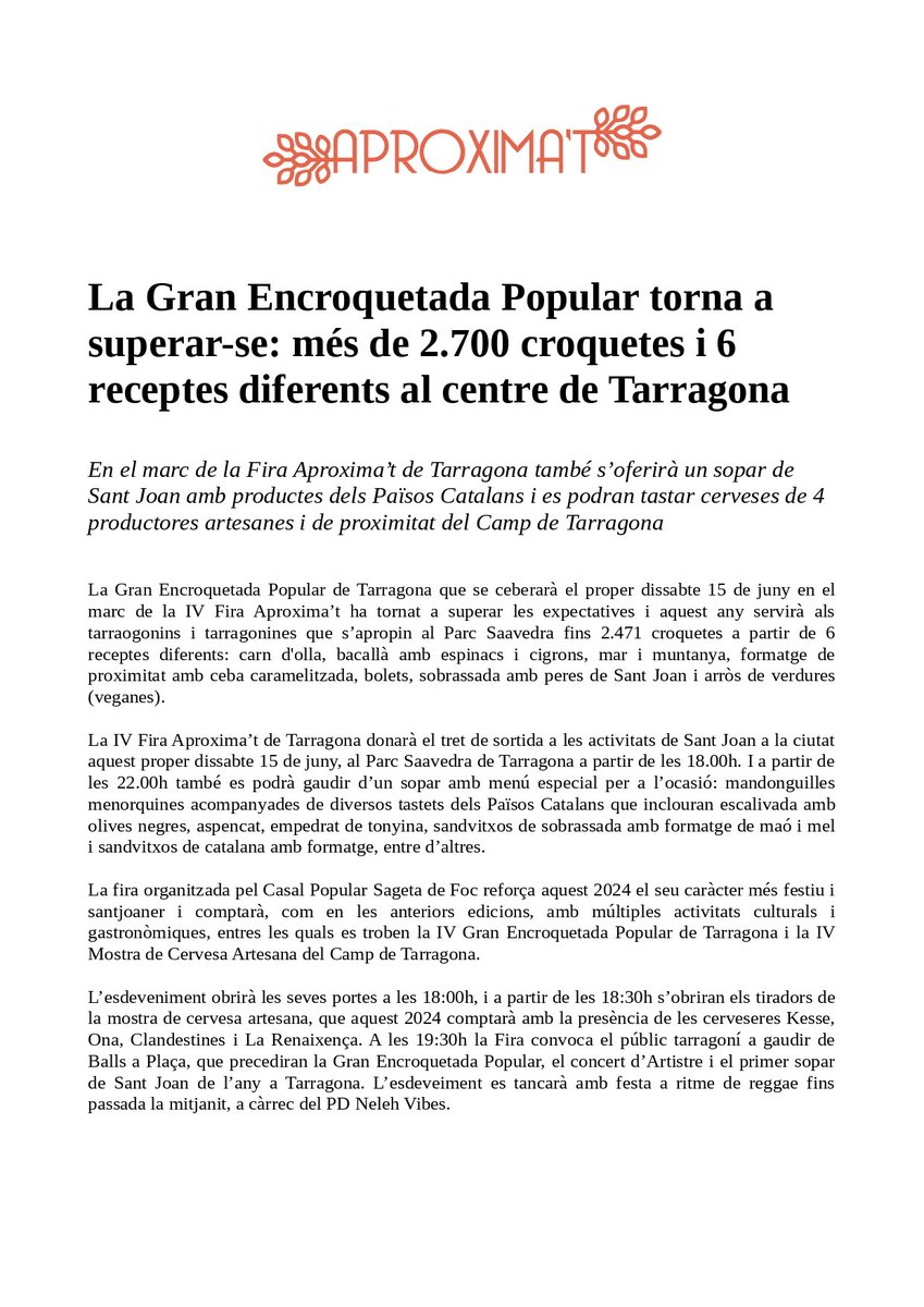 💥 IV ENCROQUETADA POPULAR DE TARRAGONA 💥

🔥Més de 2700 CROQUETES🔥

L'Encroquetada és un dels puntals de fira ja que posa en relleu la nostra filosofia, les croquetes, històricament cuina d'aprofitament, reflexen la nostra concepció de la gastronomia.

📆 15 de juny, 20h.
