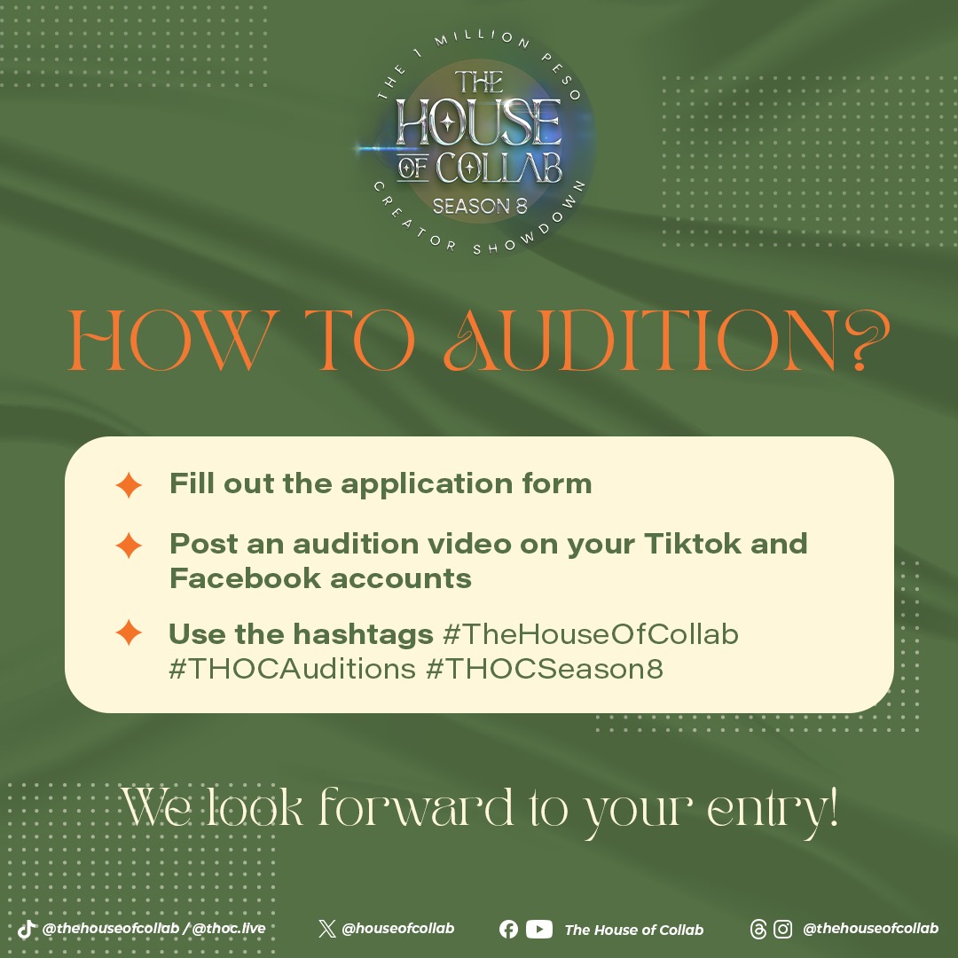 houseofcollab's tweet photo. ππ'ππ πππππ π
ππ πππ! π
πFill-up this form: https://t.co/LBjwPtt9wE
πPost an audition video on your Tiktok and Facebook accounts
πUse the hashtags #TheHouseOfCollab #THOCSeason8 #THOCAuditions
ANO GAME? GAME!
#TheHouseOfCollab #THOCeffect #MillionaireMaker https://t.co/nxm6C2whpv