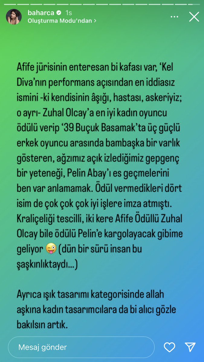 Halk  oylamasındaki Tv ödüllerine hep popülariteye ve fanların sadece oyuncusuna odaklanıp diğer adayların başarısına bakmadığından bu yana bu tarz ödüllere asla saygım yok. Şimdi ise Tiyatro ödülleri  de artık bana inandırıcı gelmemeye başladı.

#AfifeTiyatroÖdülleri 
#PelinAbay