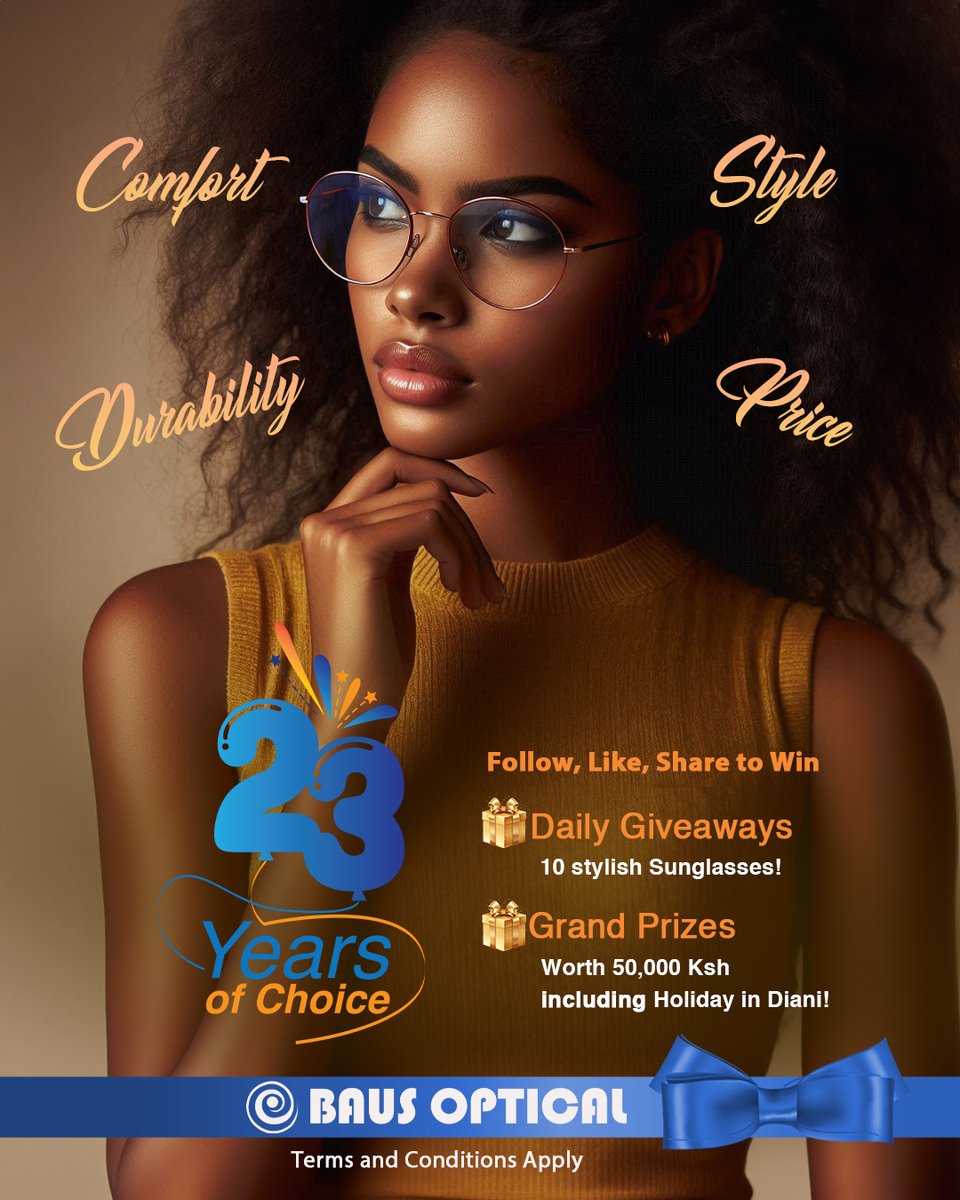 BausOptical_Ke's tweet photo. 🌟 CHOICE: What's Most Important to You? 🌟
We're curious about your eyewear preferences! What’s the most important consideration when purchasing your spectacles?
> Comfort
> Style
> Durability
> Price

Comment below with your choice and support it with an explanation!

🎁 Win Stylish Designer Sunglasses 🕶 and Grand Prizes! We're continuing our amazing giveaway with prizes worth KSh. 50,000, including a holiday to Diani!
Don't forget to follow our Baus page and use the hashtag #BausOptical23 to stay updated and join the fun!

🌟 How to Enter:
1️⃣ Reply with elaborate answers.
2️⃣ Use the hashtag #BausOptical23 in your comment.
3️⃣ Tag Friends to join the fun.
4️⃣ Follow Our Pages:
Facebook: https://t.co/a6BQ6aNccL
Instagram: https://t.co/E49pf31d1K
X: https://t.co/QpJnWJgW9x
TikTok: https://t.co/RXAK3vNB6n
YouTube: https://t.co/6rNG6viWtE
LinkedIn: https://t.co/UFusiWMiWl

⏳ Hurry! Participate today and be one of our lucky winners.
Terms and conditions apply.
...
Congratulations🥳🥳 to our Day 12 (12/6/2024) winners and to everyone that participated 💓
Kui Gatarwa (FB)
Chepkorir Joy (FB)
Kerubo Sam Megan (FB)
Nazario Musa (FB)
Jkn858 (IG)
Thisiswambo (IG)
Odadasenior (IG)
@Mr_Sarapai (X)
@Gainz2x (X)
@Missy_mmitch (X)

Kindly send us a message with your location so that we advise on which branch to pick your gift from.
There are up to 120+ more sunglasses and goodies to be won and one could be yours. So, follow us, keep commenting and participate for your chance to WIN. 🕶️