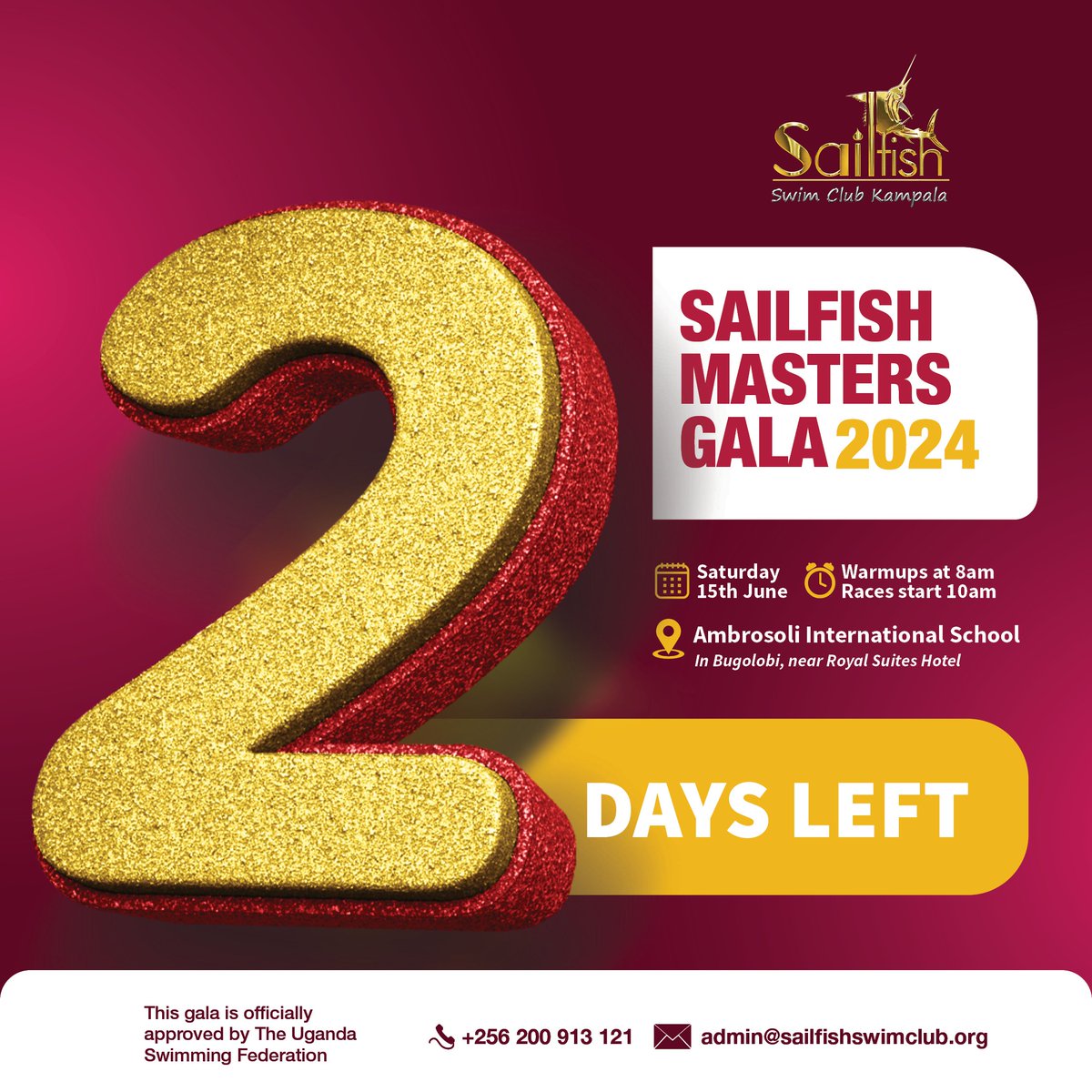 The countdown continues to our Sailfish Masters Gala..have you signed up yet. Contact our team and sign up to swim your way to victory...#15thJune

<a href="/mymakagroup/">mymakarestaurant</a> <a href="/ambrosolischool/">Ambrosoli School</a> <a href="/gayazaoldgirls/">Gayazaoldgirls</a> <a href="/SwimKla/">Dolphins Swim Club Kampala</a> <a href="/Mak_sharks/">Mak_sharks</a>