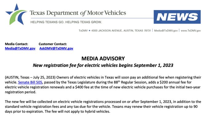 An official media advisory document from the Texas Department of Motor Vehicles (TxDMV), formatted as a news release with the TxDMV logo, address, and contact information at the top; it announces a new policy in black text on a white background, dated July 25, 2023, focusing on EV registration fees.