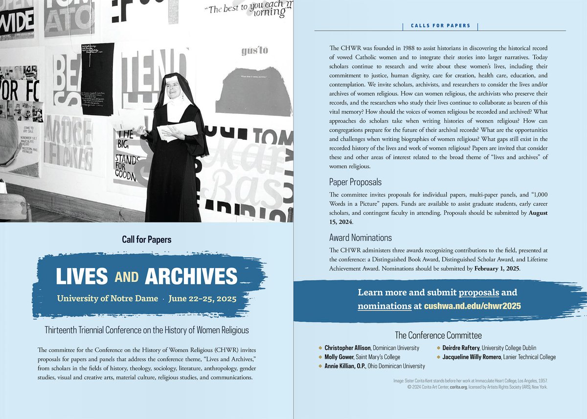 CushwaCenter's tweet photo. One year from today! The 13th triennial Conference on the History of Women Religious will convene at Notre Dame.

Spread the word and join #CHWR2025! Paper proposals are due August 15, 2024: https://t.co/u3439KJkSE

@ISHWR_A #ACWR @LCWR_US @WomenReligious @soarusa @sistersreport https://t.co/dF8B71K3Wa