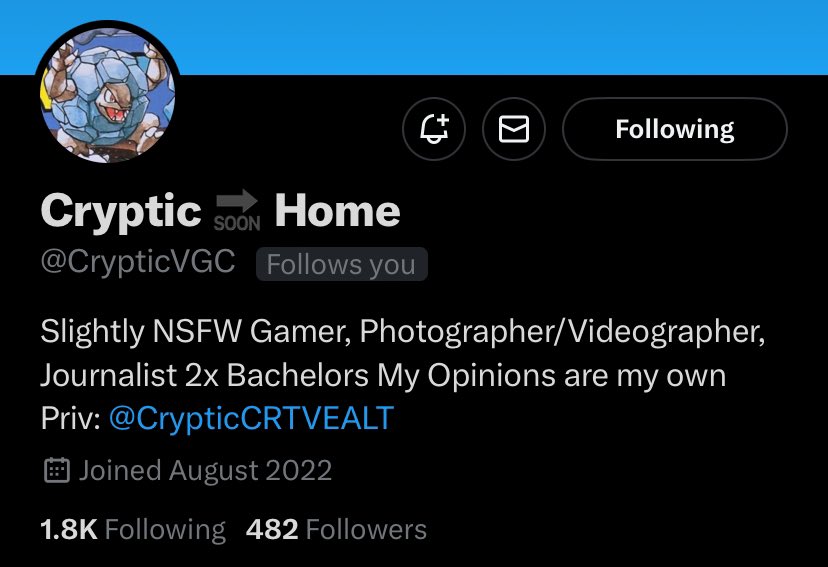 PLEASE RT FOR AWARENESS.

there is a formerly exiled predator lurking in the pokemon community and was at NAIC last weekend. they go by the username @/crypticVGC or crypticcreative. 

i recently was informed that he used to be someone named “GWdavon.”