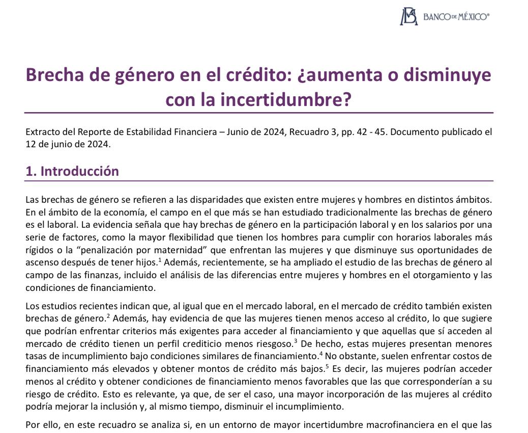 En 1 año tan significativo para BRECHAS DE GÉNERO, recomiendo el recuadro del último Reporte Estabilidad Financiera 🇲🇽🇲🇽🇲🇽 Las brechas en el crédito aumentan en un contexto de incertidumbre macrofinanciera. #gerdergaps 
In a year so significant for GENDER GAPS: english below
