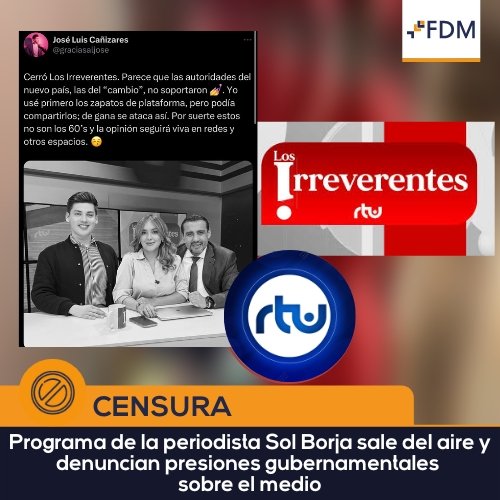 lahistoriaec's tweet photo. Presión y cobardía. El canal RTU cede a las presiones del gobierno de Daniel Noboa y saca del aire el programa conducido por la periodista Sol Borja. La libertad de expresión de nuevo es golpeada. https://t.co/IdZEcVbabz