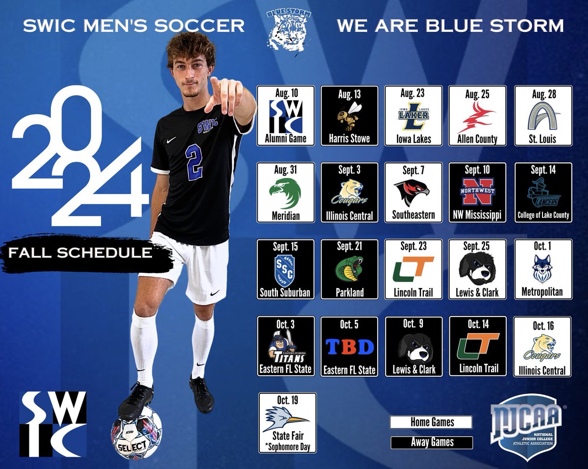 swic_msoc's tweet photo. Our 2024 Fall Schedule is here!  Mark your calendars!  #SWIC #BlueStorm 🔵🌩️⚽️ https://t.co/IPISR9hTz0