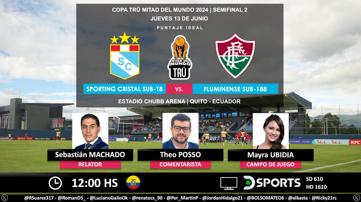PuntajeIdealEC's tweet photo. ⚽️ #CopaTrüMDM | 🇵🇪#SportingCristal vs. #Fluminense 🇧🇷
🎙 Relator: @Sebas_Machado
🎙 Comentarista: @posso_sports
⛳️ Campo de Juego: @MayriUbidia
📺 @DSportsEC (610 - 1610) 🇪🇨
💻📱 @DGO_Latam 🇪🇨
🤳 #CopaMDMEnDIRECTV
Dale RT 🔃 https://t.co/xqGvVHzdwO