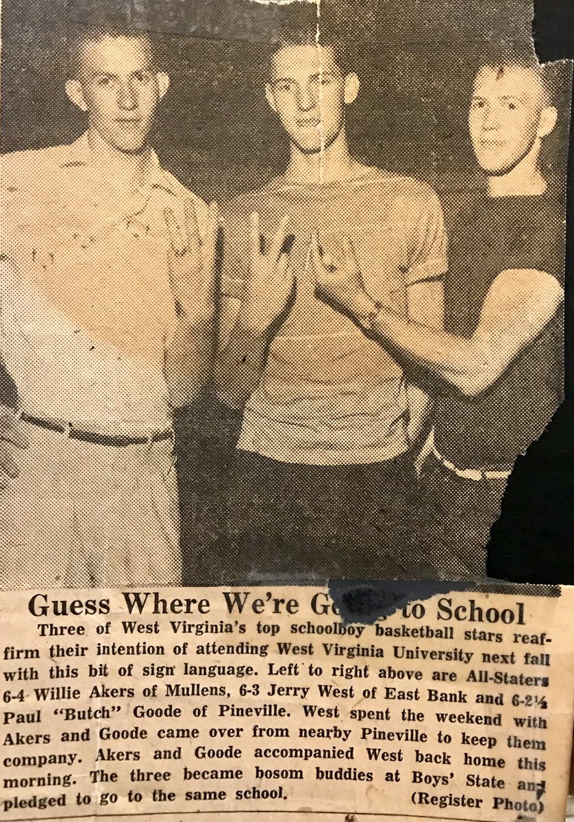PaulRGoode3's tweet photo. @WVUhoops Willie Akers from Mullens, Jerry West from Cabin Creek &amp; Butch Goode from Pineville , post Boys State agreed to stick together-they held a press conference and using their hands &amp; fingers simply said - WVU https://t.co/zWZqFQlYoj