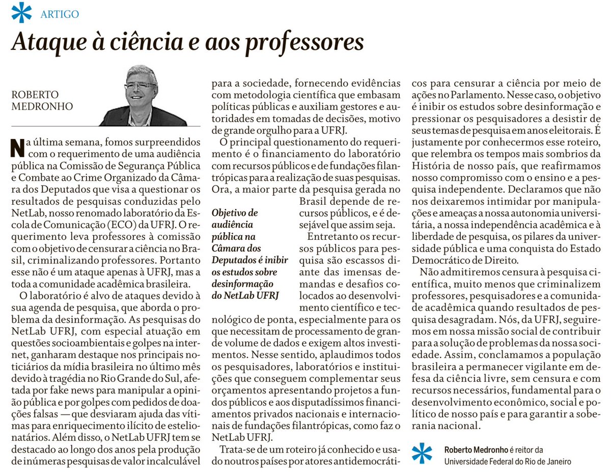Liv Sovik (@livsovik) on Twitter photo The vice chancellor of UFRJ had to make a public defense of <a href="/NetLabUFRJ/">NetLab UFRJ</a> because federal deputies filed to open a congressional investigation of its researchers. No to #censura. The vice chancellor of UFRJ had to make a public defense of <a href="/NetLabUFRJ/">NetLab UFRJ</a> because federal deputies filed to open a congressional investigation of its researchers. No to #censura.