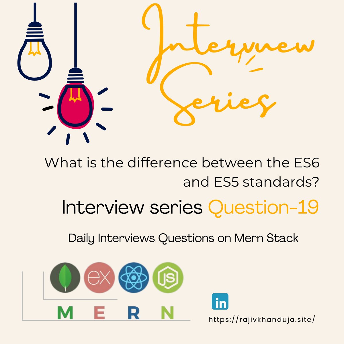 mern_stackdev's tweet image. 🎤 Interview Series Q19: What's the difference between ES6 and ES5 standards? For a brief overview, check out: - linkedin.com/in/rajiv-khand… #JavaScript #ES6vsES5 #InterviewSeries