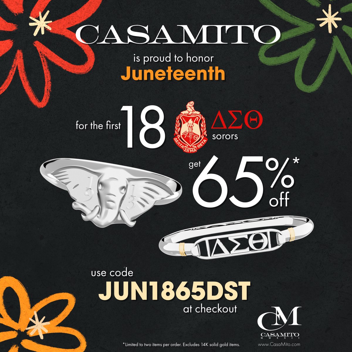 CasaMito is proud to honor Juneteenth, the day of Freedom! A day of perseverance overcoming the ultimate adversity. We honor by providing the first 18 <a href="/DSTINC1913/">dstinc1913</a> sorors a generous 65%* discount! #DeltaSigmaTheta #DST

*Limit of 2 items per order. Solid 14K gold items excluded.