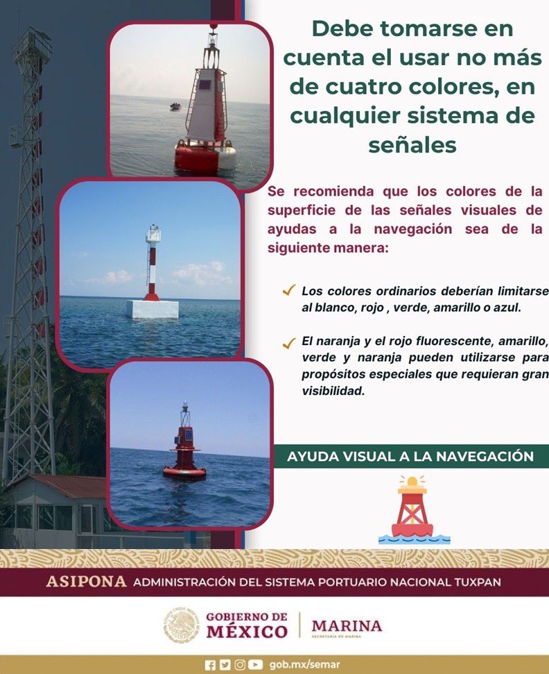 Puerto Tuxpan (@tuxpanpuerto) on Twitter photo ¿Sabías que? Hay recomendaciones a los colores de las señales visuales de ayuda a la navegación.
Como parte de la próxima celebración del “Día Mundial de las Ayudas a la Navegación” (#WatonDay),
<a href="/TuxpanPuerto/">Puerto Tuxpan</a> a través de sus redes sociales compartirá información <a href="/SEMAR_mx/">SEMAR México</a> ¿Sabías que? Hay recomendaciones a los colores de las señales visuales de ayuda a la navegación.
Como parte de la próxima celebración del “Día Mundial de las Ayudas a la Navegación” (#WatonDay),
<a href="/TuxpanPuerto/">Puerto Tuxpan</a> a través de sus redes sociales compartirá información <a href="/SEMAR_mx/">SEMAR México</a>