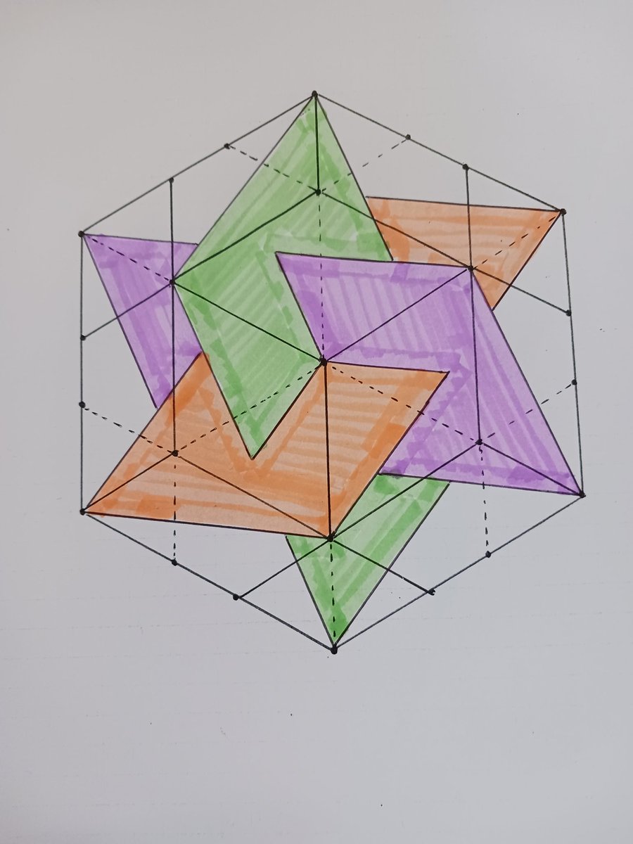 LyronW's tweet photo. I made some mathematical geometry inspired art this week purely for my own enjoyment but I thought I'd share. This is three orthogonal golden rectangles intersecting in the centre of a rhombic tricontahedron, sharing vertices with the rectangles. https://t.co/0NLudcaJcp