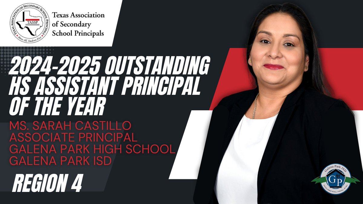 TASSP_Region4's tweet image. Congratulations to Ms. Sarah Castillo, Associate Principal for Galena Park HS in @GalenaParkISD, on being named the Region 4 High School Assistant Principal of the Year. #TASSP2024 #FirstofAllStudentsFirst @GPHS_GPISD @TASSP1
