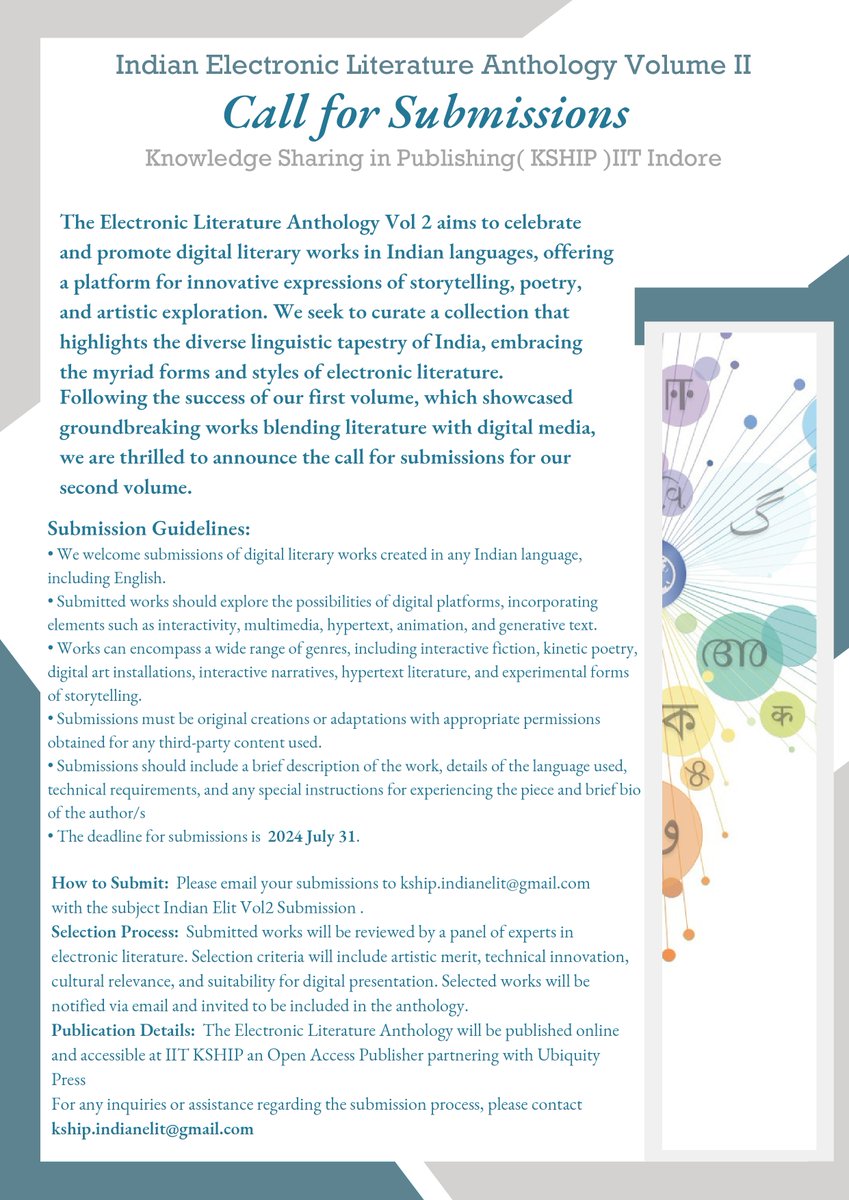 Call for Submissions at KSHIP IIT Indore for The Electronic Literature Anthology Vol 2.

Deadline 31st July 2024.

<a href="/kshipiit/">KSHIPIITI</a> 
#dh_iiti